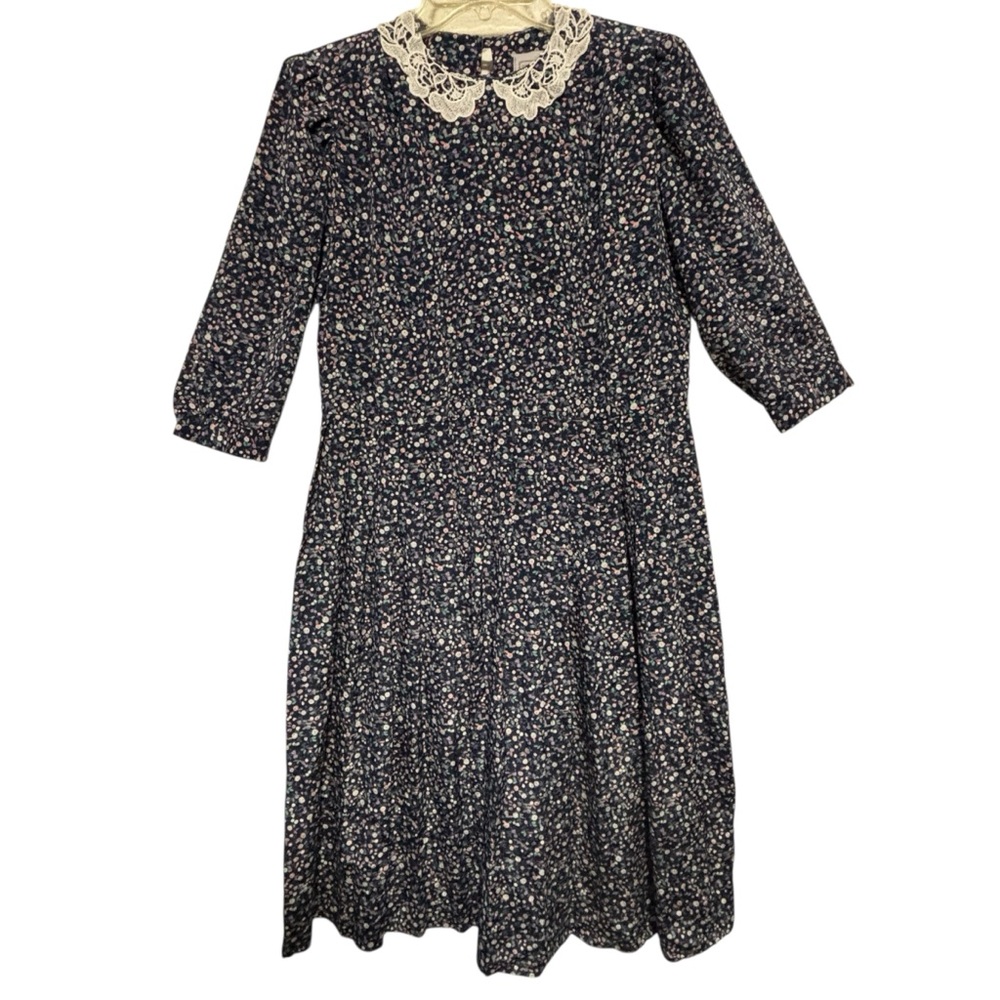 VTG Lisa Petites Pleated Floral Midi Dress Lace Collar Cottagecore crocheted 10P